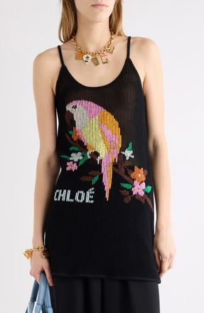Chlo&eacute; Parrot Mesh Sleeveless Cotton Minidress in Black at Nordstrom, Size Medium