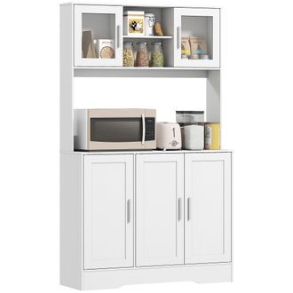 HOMCOM Homcom Alacena De Cocina Con 2 Puertas De Vidrio, Encimera Amplia Para Microondas, Compartimentos Abiertos, Estantes Ajustables, Blanco
