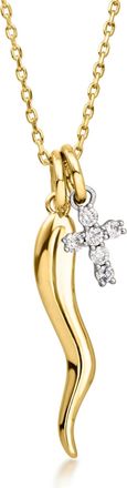 Ross-Simons Diamond Cross and 18kt Gold Over Sterling Italian Horn Pendant Necklace With Sterling Silver