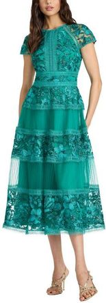 Tadashi Shoji Embroidered Lace Trim Tiered Cocktail Dress in Emerald at Nordstrom, Size 12