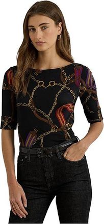 Lauren Ralph Lauren Print Stretch Cotton Boatneck T-Shirts Womens Clothing Black : XS