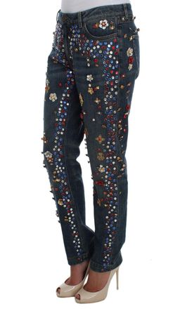 Dolce & Gabbana Womens Crystal Roses Heart Embellished Jeans Blue Cotton Clothing
