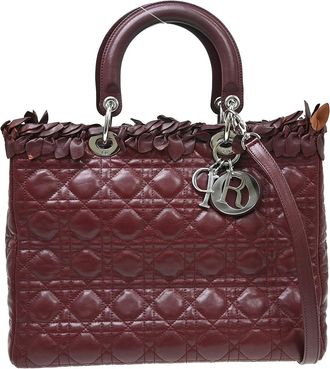 Dior Lady Dior Cannage Quilt Lambskin With Crystal Detail Burgundy Leather Handbag (Pre-Owned)