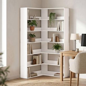 HOMCOM 7 Tiers Corner Bookshelf, L-Shaped, White Wood Effect