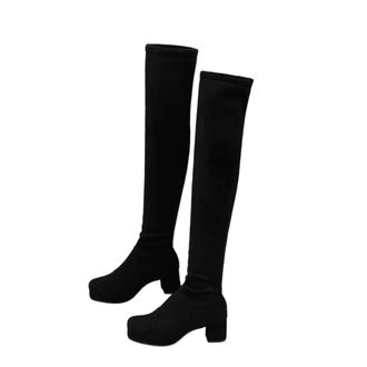 Generic Womens Stretch Pu Thick Heel Platform Flock Flock Synthetic Short Elastic Sleeve Shoes