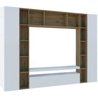 Dmora Parete attrezzata Austis, Set salotto porta tv a 3 ante, Mobile soggiorno multiuso, 100% Made in Italy, cm 270x35h210, Bianco lucido e Rovere - Dmora