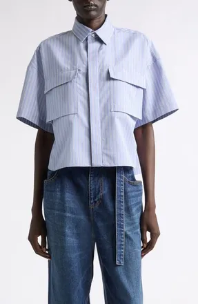 sacai Pleat Back Crop Poplin Button-Up Shirt in Light Blue Stripe at Nordstrom, Size 2