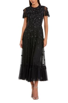 Mac Duggal Embellished High Neck Cap Sleeve A Line Dress in Black at Nordstrom, Size 12