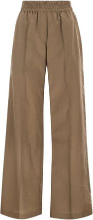 Brunello Cucinelli Broek met wijde pijpen en elastische tailleband - Dames - Wijde Broeken - Bruin - L - Katoen - Broeken