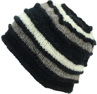 Loud Elephant Hand Knitted Wool Beanie Hat - Stripe Black Cream