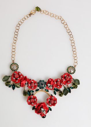 Dolce & Gabbana Red Rose Floral Crystal Embellished Statement Jewelry Womens Necklace