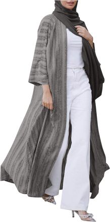 Generic Muslim Dress for Women Striped Ethnic Open Front Cardigan Robe Muslim Kimono Abaya with Pockets Bohemian Style Cover Up