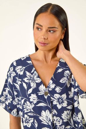 Roman Floral Print Button Top