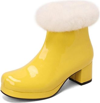Generic Womens Patent PU Leather Ankle Boots Side Zipper with Faux Fur Trim Decor Comfort Round Toe Block Heel Winter Shoes (5.5,Yellow)