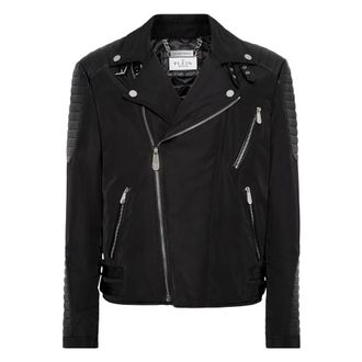 Philipp Plein Nylon Biker Jack Met Lederen Padding - Heren - Zomerjassen - Zwart - 2XL - Nylon - Jassen