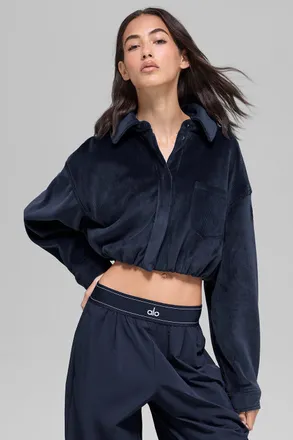 Alo | Ribbed Velour Cropped Mountain Side Jacket in Navy Blue, Size: Medium