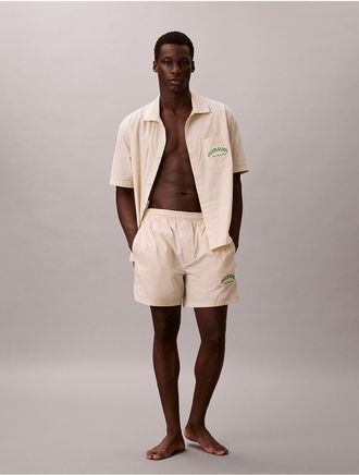 Calvin Klein Mens Cotton Poplin Graphic Hertitage Crest Sleep Shorts - Yellow - XL