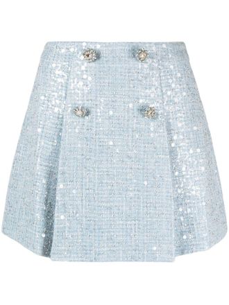 Self Portrait high-waist sequined boucl&eacute; miniskirt - women - Polyester/Viscose/Metallic Fibre/Polyamide/Polyester - 8 - Blue