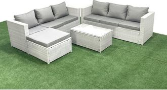 Fimous Garden Outdoor pe Rattan Furniture Set 7 Seater Rattan Garden Sofa Set with Big Footstool Light Grey Mixed - Fimous