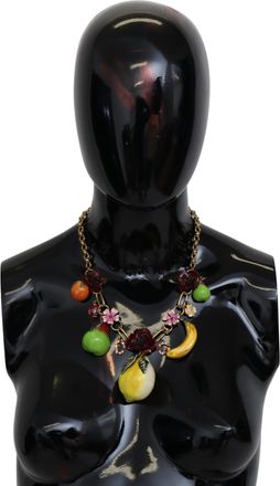 Dolce & Gabbana Fruit Pendant Flower Crystal DG Logo Gold Brass Womens Necklace