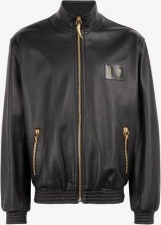 Roberto Cavalli Tiger Tooth Leather Bomber Jacket, Brand Size 48 ( US Size 38 )