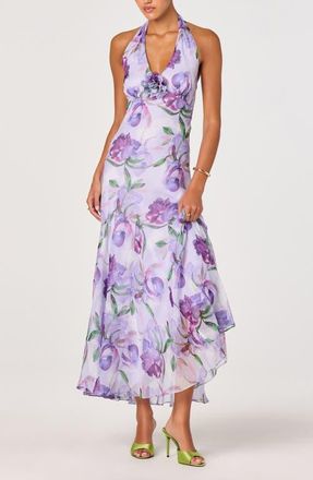 ASTR the Label Yasmen Floral Plunge Halter Neck Maxi Dress in Purple Floral at Nordstrom, Size X-Small