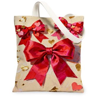 Generic ValentineS Day Hearts Canvas Tote Bags, Romantic Bow Pattern Reusable Grocery Bags, Lightweight Washable Shoulder Strap Ca, Red, 13x15 Inch