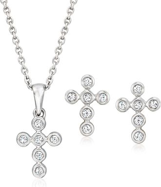 Ross-Simons Bezel-Set Diamond Jewelry Set: Cross Earrings and Pendant Necklace in Sterling Silver