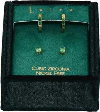 Leith Set of 2 Cubic Zirconia Stud & Huggie Hoop Earrings in Green Multi- Gold at Nordstrom Rack