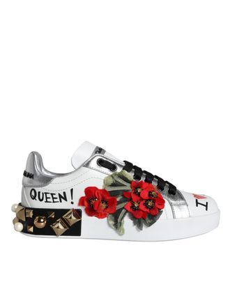 Dolce & Gabbana Witte Leren Bloemige Studded Sneakerschoenen
