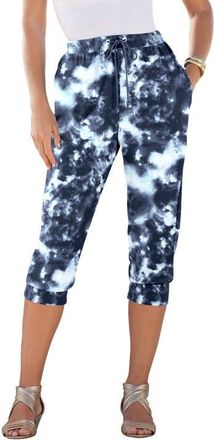 Roaman's Plus Size Soft Knit Capri Pant With Drawstring Waist in Navy Acid Tie Dye at Nordstrom, Size 6X