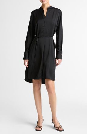 Vince Band Collar Long Sleeve Satin Dress in Black at Nordstrom, Size Xx-Small