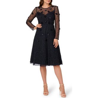 Adrianna Papell 3D Floral Beaded Long Sleeve Illusion Cocktail Dress in Midnight at Nordstrom Rack, Size 2
