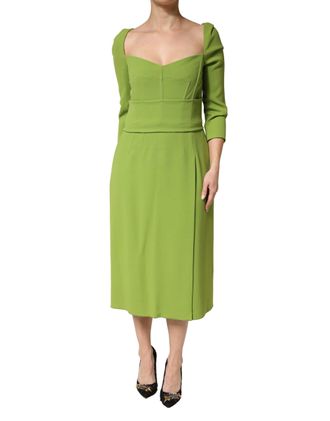 Dolce & Gabbana Green Silk Sweetheart Neckline Midi Womens Dress
