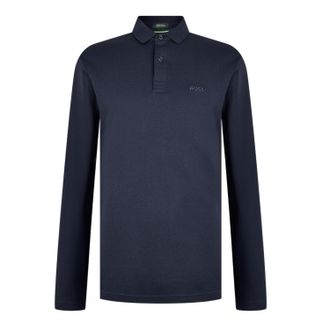 HUGO BOSS Mens Pirol Logo Long-Sleeved Polo Shirt (Dark Blue) Cotton - Size X-Small