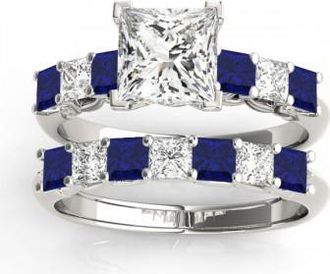 Allurez Princess cut Diamond & Blue Sapphire Bridal Set Platinum 1.30ct