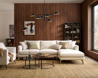 Castlery Lena Chaise Sectional Sofa, Right Facing, Cream, Brass Legs, Spill-Resistant, Removable Covers