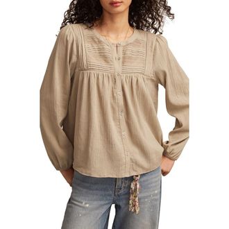 Lucky Brand Lace Inset Cotton Button-Up Peasant Top in Laurel Oak at Nordstrom, Size Large