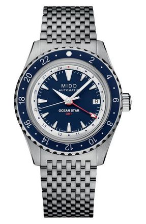 Mido Ocean Star GMT Automatic Bracelet Watch, 40.5mm in Silver/Blue at Nordstrom