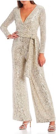 Eliza J Sequin V-Neck Long Sleeve Straight Leg Wrap Jumpsuit In Beige