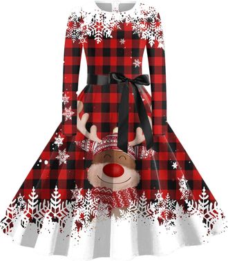 Generic Christmas Party Dresses for Women UK 50s Audrey Hepburn Style Santa Claus Long Sleeve Crew Neck Vintage Wedding Guest Gingerbread Cocktail A Line Dres