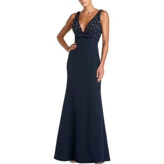 Mac Duggal Womens Crepe Sleeveless Beaded V Neck Gown With Bow in Midnight at Nordstrom, Size 12