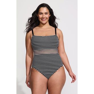 Lands End Plus Size Crochet Square Neck High Leg One Piece Swimsuit in Black/white at Nordstrom, Size 20W