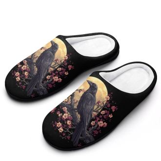 Generic Black Raven Moon Cherry1 Flower Funny Mens Slippers Cotton Warm House Shoes Memory Foam Sandals Print Size 7-14