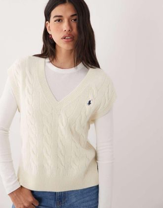 Polo Ralph Lauren maglione senza maniche in cotone a trecce color crema-Bianco