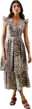 Wallis Animal Print Ruffle Sleeve Tiered Dress, 14, Animal