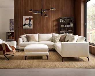 Castlery Lena Chaise Sectional Sofa with Ottoman, Cream, Matte Black Legs, Spill-Resistant, Removable Covers for Living Room