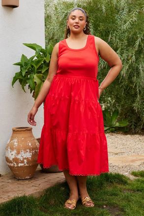 Skies Are Blue Clothing Chanler Knit Mixed Media Midi Dress - Plus In Red