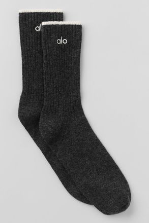 Alo | Wool Cashmere Light Frosted Socks in Dark Slate Grey/Ivory, Size: Medium