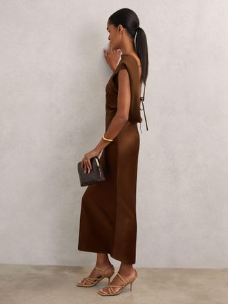 Reiss Womens Dark Brown Petite Satin Draped Open-Back Dress, Size: 14